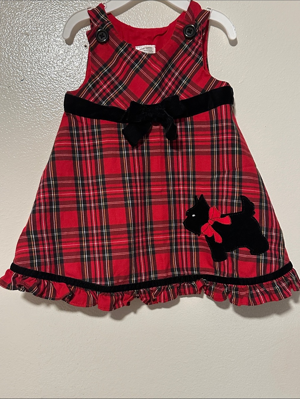 Red Plaid Toddler Dress with Black Scottie Applique